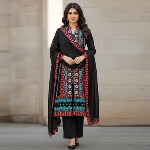 Women's Pakistani Indian Embroidered Trouser Kameez, Black